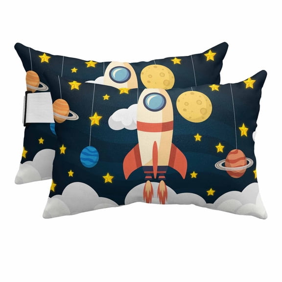 Cute Rocket Outdoor Pillows for Chaise Lounge Chair Beach Headrest Pillow Set of 2 Waterproof Lumbar Pillows with Insert&Adjustable Elastic Strap Space Star Cartoon Moon Pillow for Patio Pool 12"x20"