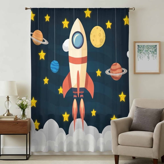 Cute Rocket Sheer Curtains 45 Inches Long for Bedroom, Space Star Cartoon Moon Light Filtering Privacy Drapes, Breathable Semi Sheer Short Window Treatment for Kitchen Cafe Bathroom