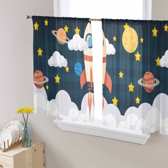 Cute Rocket Sheer Curtains 54 Inches Length 2 Panels Set, Window Sheer Curtains for Living Room/Bedroom, Space Star Cartoon Moon Light Filtering Rod Pocket Curtain 52'' x 54'' x 2