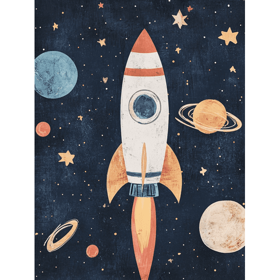 Cute Rocket Space Canvas Art Print Perfect for Living Room Bedroom Nursery Office and Kids Room Decoration.