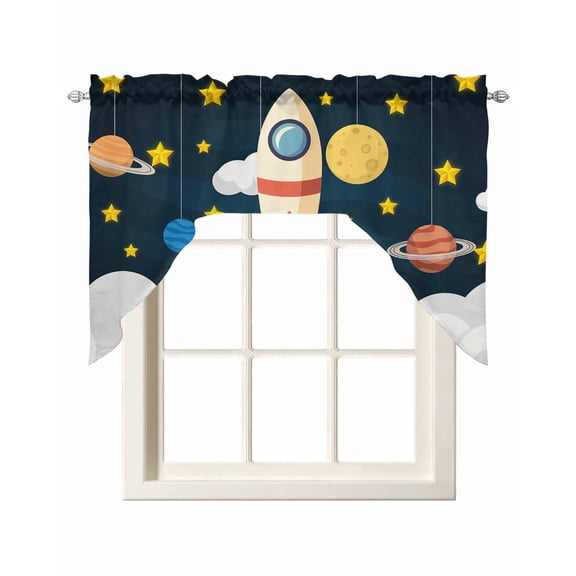 Cute Rocket Swag Curtains for Kitchen Space Star Cartoon Moon Valances for Windows Rod Pocket Small Window Treatment Short Topper for Cafe Bedroom Bathroom Living Room Decor 56x36 Inch