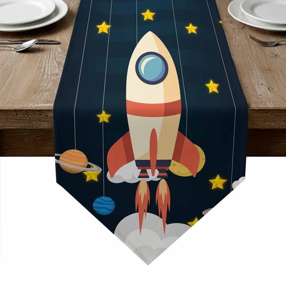 Cute Rocket Table Runner Linen Burlap Table Runner 36 Inches Small Space Star Cartoon Moon Dresser Scarves for Kitchen Island Coffee Dining Room Party Wedding Banquet Holiday Decoration 13"x36"