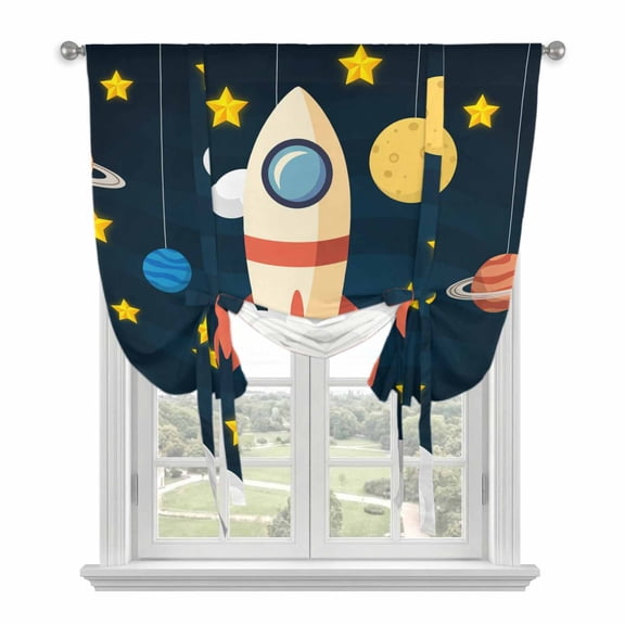 Cute Rocket Tie Up Curtains for Window, Thermal Insulated Balloon Shade Adjustable Rod Pocket Curtains Valance Panels for Kitchen Bathroom Cafe 34 x 45 Space Star Cartoon Moon