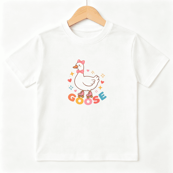 Cute Roller Skate Goose Girls Graphic Tee, Retro Pink Birthday 100% Cotton Kids Short Sleeve T-Shirt