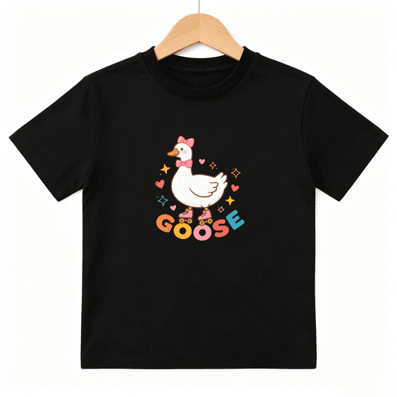 Cute Roller Skate Goose Girls Graphic Tee, Retro Pink Birthday 100% Cotton Kids Short Sleeve T-Shirt