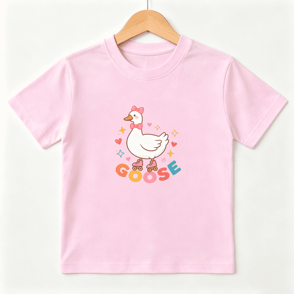 Cute Roller Skate Goose Girls Graphic Tee, Retro Pink Birthday 100% Cotton Kids Short Sleeve T-Shirt