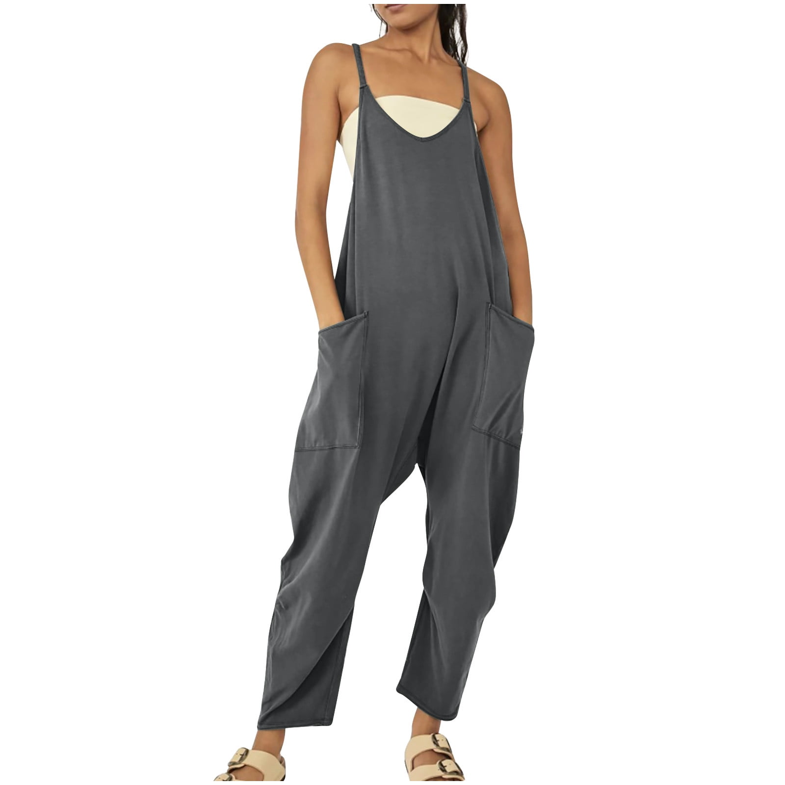 ZVAVZ Cute Rompers for Women Petite Jumpsuits for Women Casual Summer Spaghetti Strap Overalls Flowy V Neck Clothes Wide Leg Romper with Pockets Blue