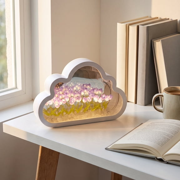 Cute Room Decor for Teen Girls,DIY Cloud Tulip Mirror Night Light,Simulation Tulip Lamp Night Light with Mirror,Gift for Women Girlfriend Sisters