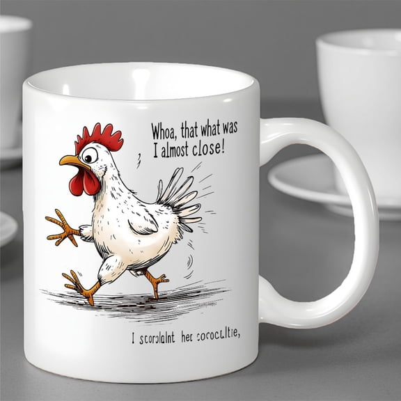 Cute Rooster Mug with Running Away Little Chicken Phrase- Coffee Cup Suitable for HotCold Drinks, Dishwasher Safe, Rim, Chicken-Shaped Cup, Tableware, Gifts for Chicken Lovers