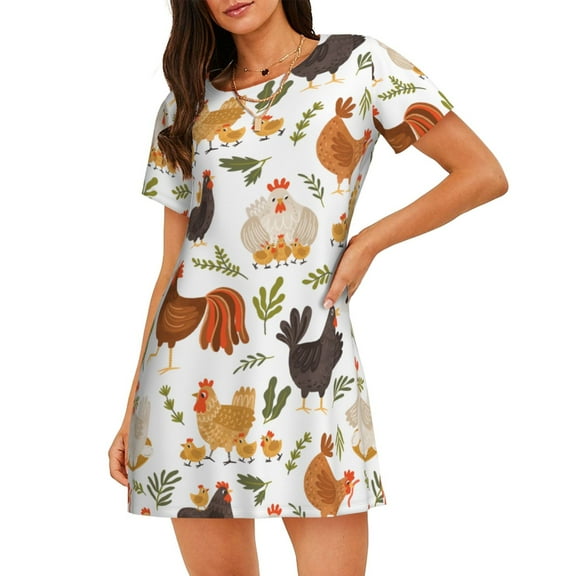 Cute Roosters Chickens Hens Pattern Women'S Nightgown Sleepwear Short Sleeves Nightshirt Loose Comfy Pajama Large