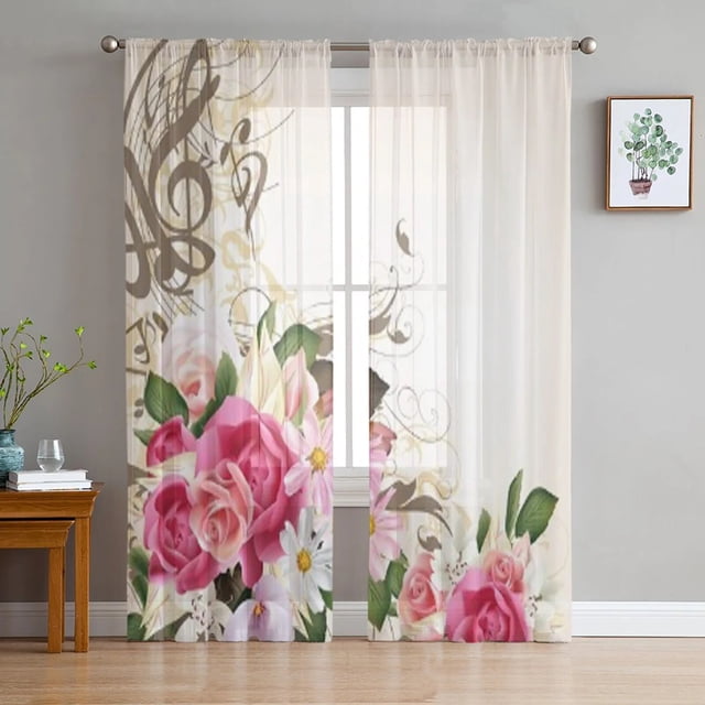 Cute Roses Vintage Style Sheer Curtains for Living Room Transparent