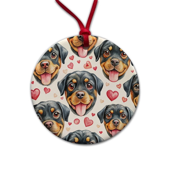 Cute Rottweiler Dog Faces Hearts Christmas Tree Holiday Round Ceramic Ornament