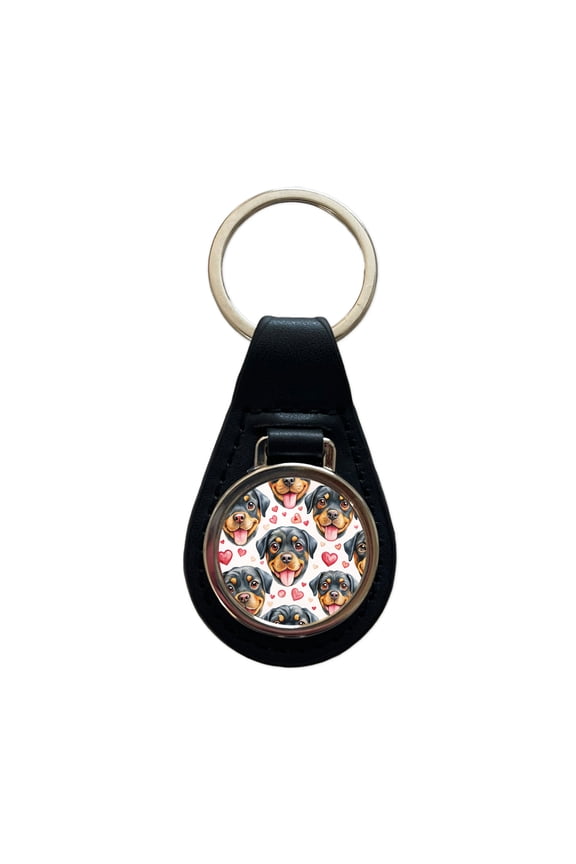 Cute Rottweiler Dog Faces Hearts Metal Black Leather Keychain