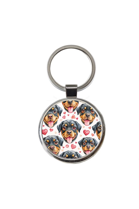 Cute Rottweiler Dog Faces Hearts Metal Round Keychain