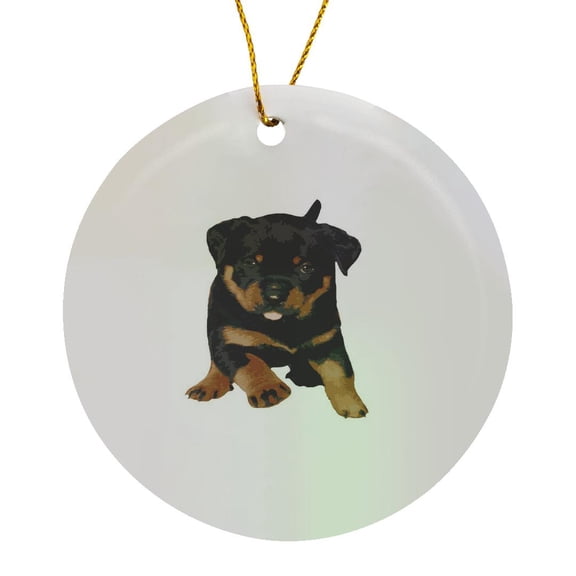 3drose, Cute Rottweiler Puppy Running with Tongue Out, Circle Porcelain Ornament