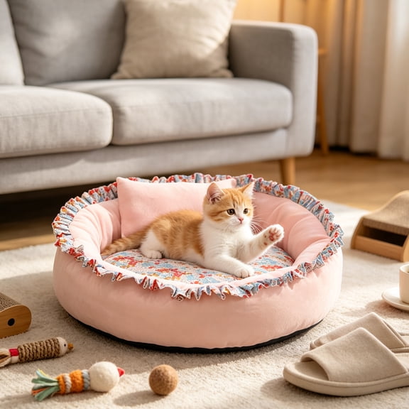 Cute Round Cat Beds for Indoor Cats, Soft Plush Pet Bed for Small Dogs Cats, Winter Warm Cat beds for Home Office Indoor