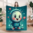 thumbnail image 1 of Cute Round Character Flannel Blanket - Soft Warm Cozy Design with Blue Face Rosy Cheeks Hearts & Stars - Perfect for Sofa Travel Bed, 1 of 7