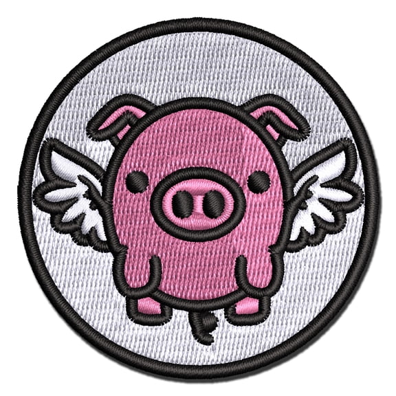 Cute Round Flying Winged Pig Applique Multi-Color Embroidered Iron-On Patch - 2.0 Inch Mini