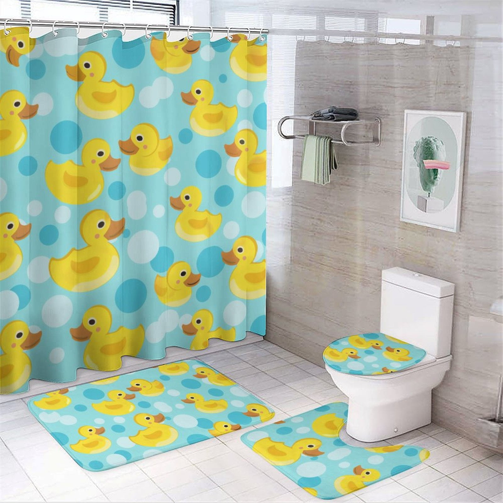 Cute Rubber Duck 4 Pcs Bathroom Shower Curtain Set, Bathroom Sets with Rugs (Bath Mat, U Shape and Toilet Lid Cover Mat) and 12 Hooks,