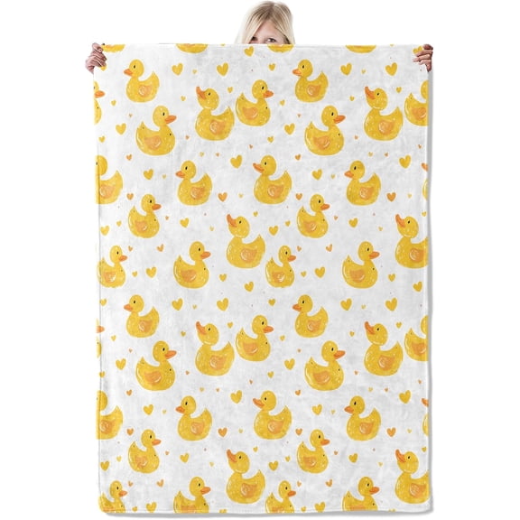 Cute Rubber Duck Blanket 60x50 Inch,Yellow Duck and Hearts Lightweight Flannel Throw with Heart Accents,Cartoon Home Living Room Decor,Gifts for Kids