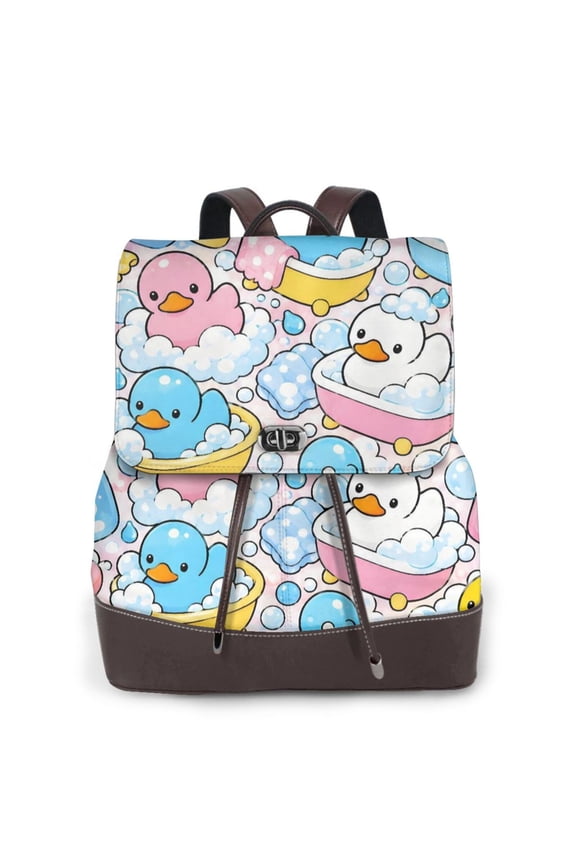 Cute Rubber Duck Women's Leather Backpack All-Over Print Bag for Work and Travel
