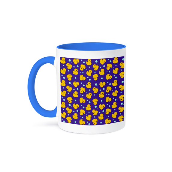 3dRose, Cute Rubber Duckie pattern Yellow ducks on purple navy blue Kawaii ducky duck - Duckies and bubbles, 11oz Two-Tone Blue Mug