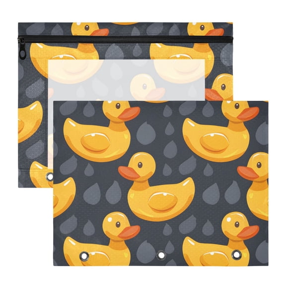 Cute Rubber Yellow Ducks 3-Ring Binder Pouches A4 Size Zipper Pocket File Storage 2 Packs