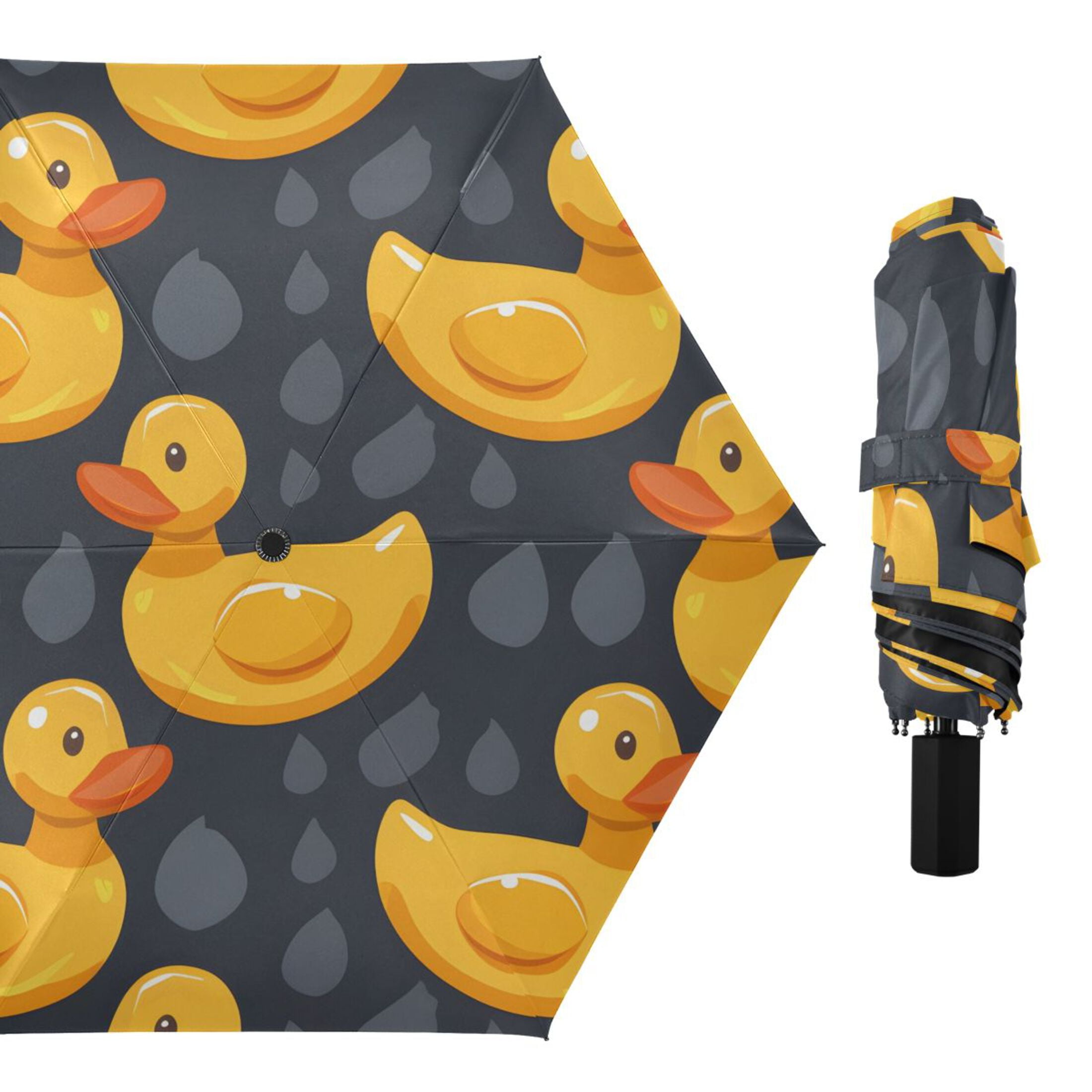 Cute Rubber Yellow Ducks All Weather Umbrella Triple Folding Parasol 6 Ribs UV Protection Portable