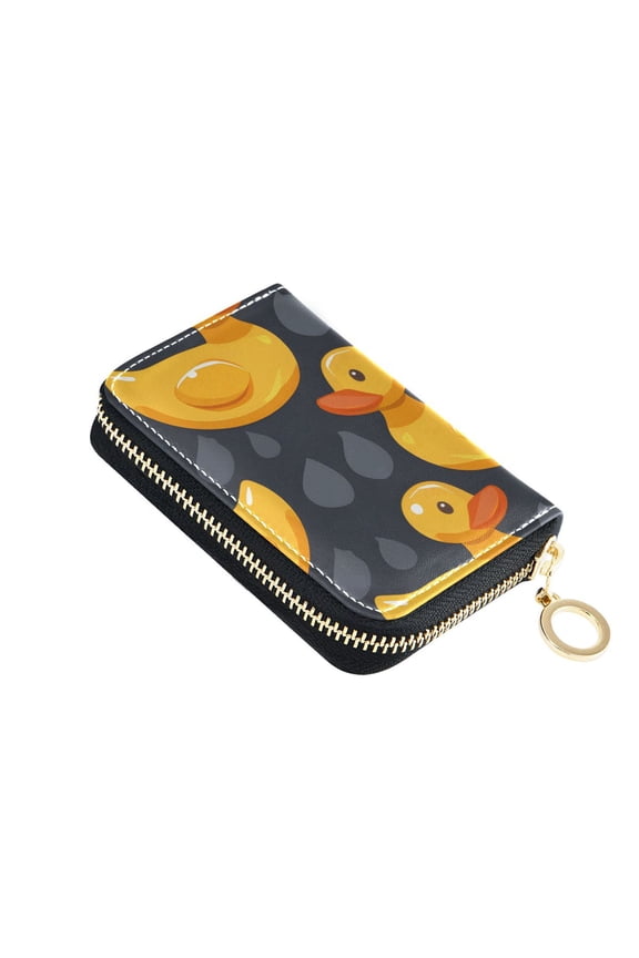 Cute Rubber Yellow Ducks Women's Credit Card Holder PU Leather Zipper Wallet RFID Blocking