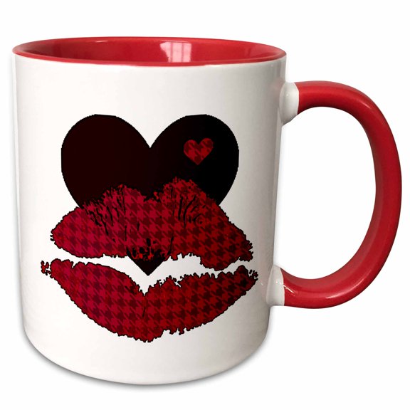 3drose, Cute Ruby Red Houndstooth Lips Against a Heart, 11oz Two-tone Red Mug