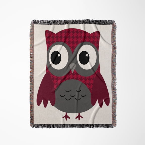 Cute Ruby Red Houndstooth Patterned Owl, Woven Blanket