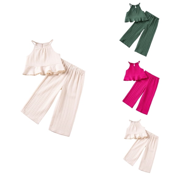 Cute Ruffle Sleeveless Top and Wide Leg Pants, Girls Summer 2 Piece Outfit Set, Toddler Casual Playwear for Ages 1 to 7 Years