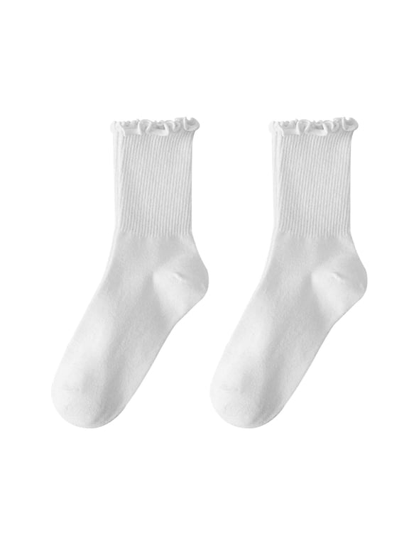 Cute Ruffle Socks for Women, Turn Cuff Casual Ankle Sock, Breathable Knit Cotton Warm Frilly Roll Top Crew Socks for Homewear, Daily Wear, Fashion, Comfortable Stretch Fit White