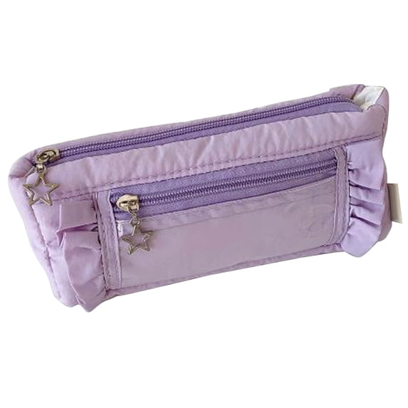Cute Ruffled Pencil Pouch, Star Zipper Charm Pen Case, Multi-Pocket Stationery Organizer, Soft Fabric Cosmetic Pouch, Versatile Bag for Office, Makeup Brushes, Daily Essentials
