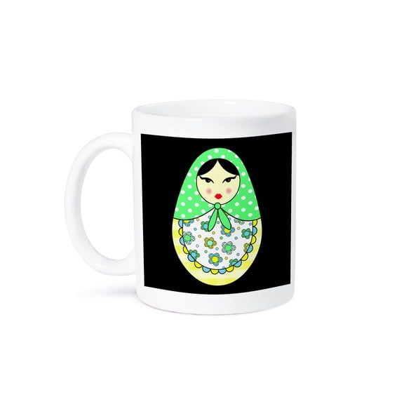 Cute Russian Matryoshka Nesting Doll Black Hair - Cool Colors Black, 15oz Mug