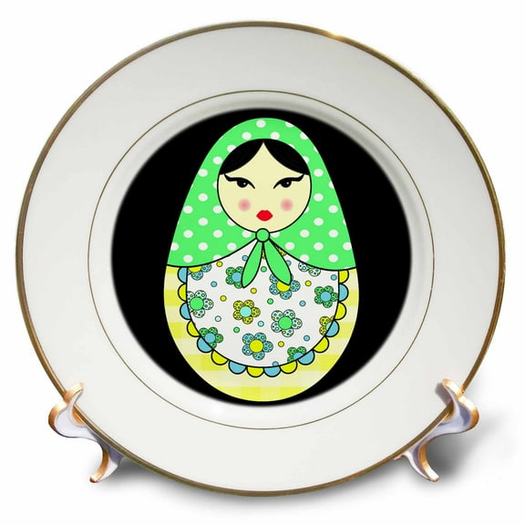 3dRose, Cute Russian Matryoshka Nesting Doll Black Hair - Cool Colors Black, 8 inch Porcelain Plate