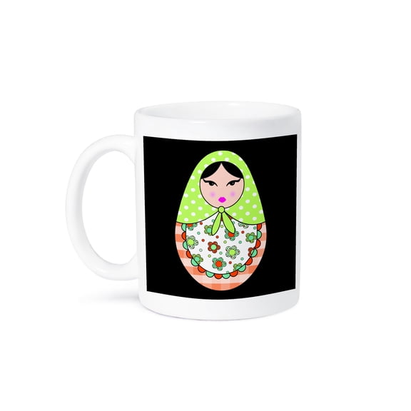 Cute Russian Matryoshka Nesting Doll Black Hair - Warm Colors Black, 11oz Mug