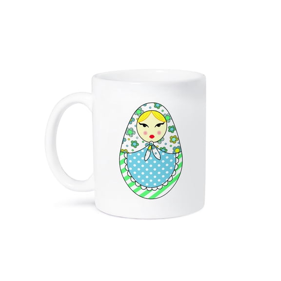 3dRose, Cute Russian Matryoshka Nesting Doll Blond Hair - Cool Colors White, 15oz Mug