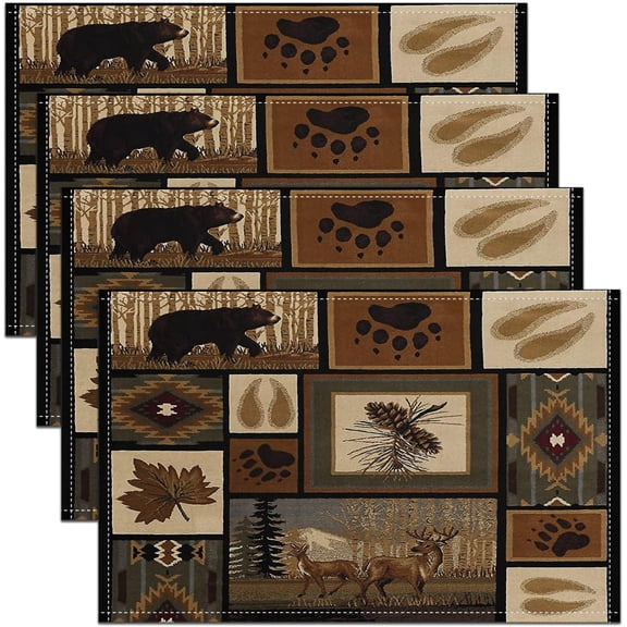 Cute Rustic Bear Placemats Set of 4,Deer Hunting Placemats for Dining Table,Farmhouse Theme Botanical Leaf Pattern Plaid Style Brown Washable Fabric Decoration Table Mats Placemat 18"x12"