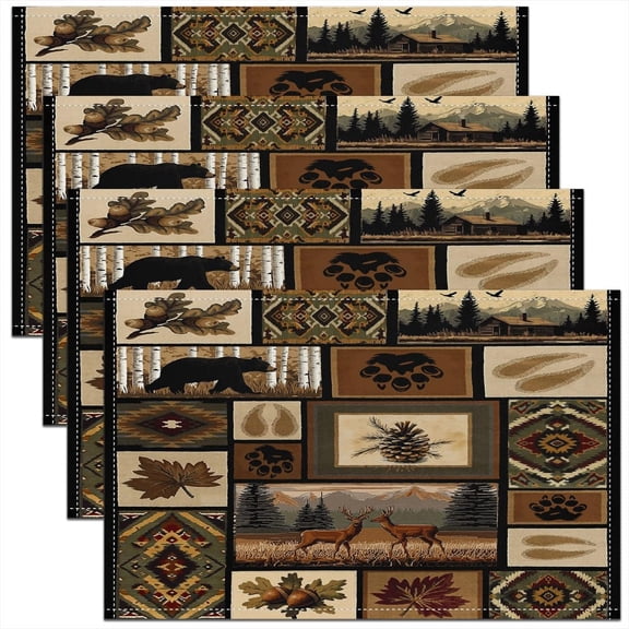 Cute Rustic Bear Placemats Set of 4,Deer Hunting Placemats for Dining Table,Farmhouse Theme Botanical Leaf Pattern Plaid Style Brown Washable Fabric Decoration Table Mats Placemat 18"x12"