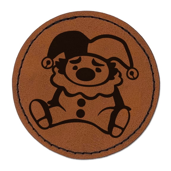 Cute Sad Clown Jester Adorable Round Iron-On Engraved Faux Leather Patch Applique - 2.5 Inch - Brown