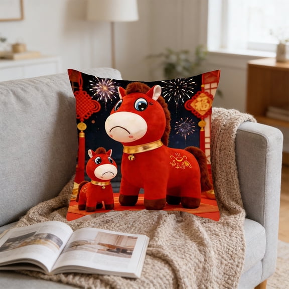 Cute Sad Face Horse Pillow Cover, 2026 Lunar Year of the Horse Red Decorative Throw Pillow Case for Home Sofa Decor