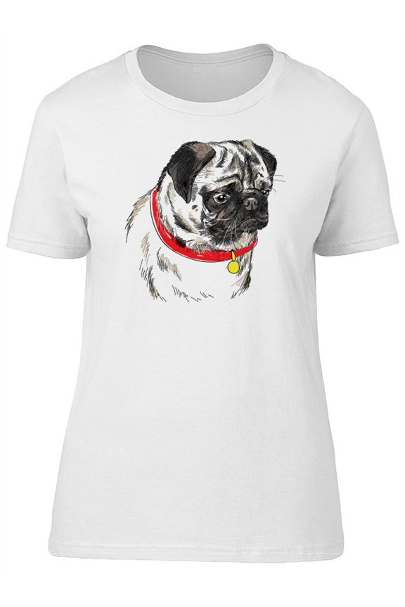 Cute Sad Pug Sketch T-Shirt Women -Image by Shutterstock, Female x-Large