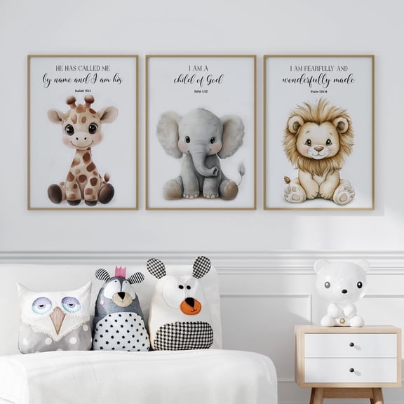 Cute Safari Baby Animals Christian Nursery Bible Verse Neutral Room Decor Set 3 Unframed Paper Print