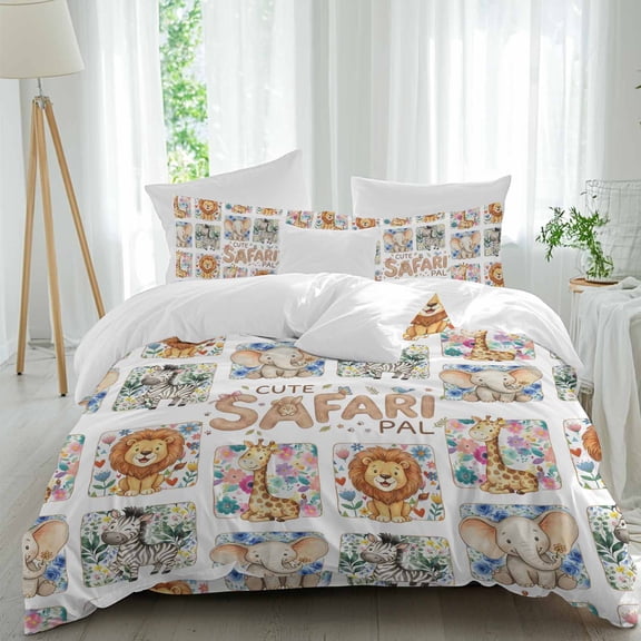 Cute Safari Pal Comforter Set Full Size, Cartoon Lion Elephant Giraffe Zebra Flower Leaf Soft Bedding Set for Man Woman, 4 Pieces Duvet Cover Set with Fitted Sheet, 2 Pillowcases