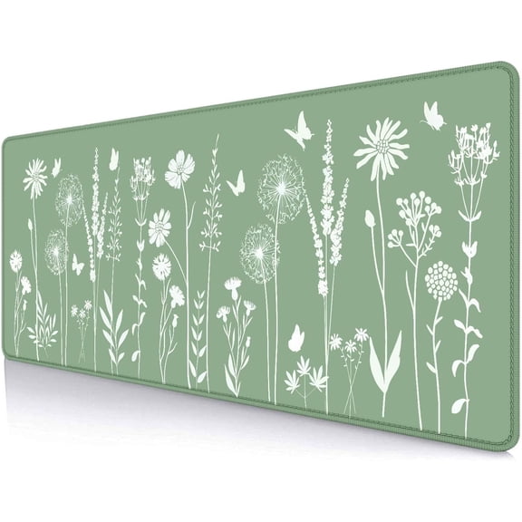 Cute Sage Green Desk Mats Mousepad, Plant Floral Anime Deskmat, Aesthetic Desk Pad, Minimalist Mint White Leaves Large Gaming Mouse Pad, Decor Accessories, 31.5 X 11.8