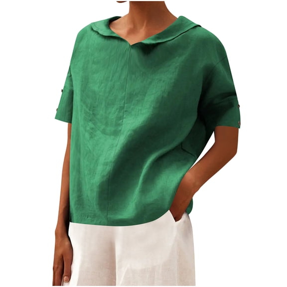 Cute Sailor Collar Cotton Linen T-Shirt Women Button Trim Short Sleeve Casual Tee Tops Summer Lightweight Loose Fit Work Tees
