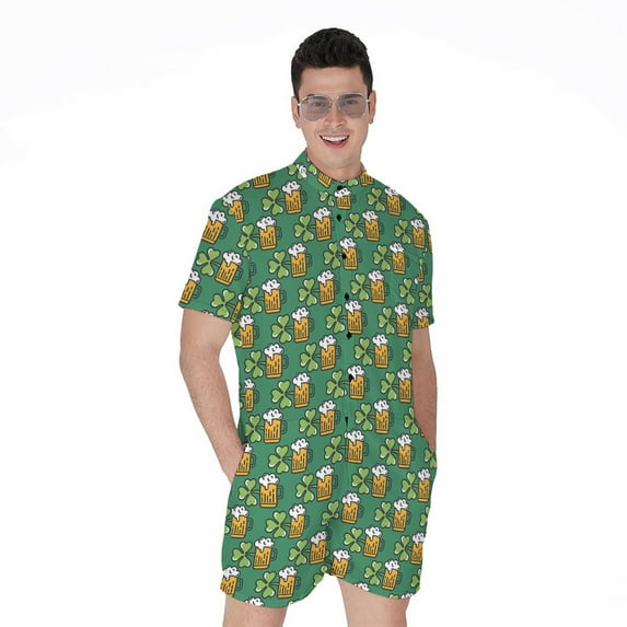 Cute Saint Patrick'S Day Pattern Short Sleeve Men'S Rompers, Irish St. Patrick'S Day Casual Summer Jumpsuits Outfit