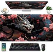 Cute Sakura Dragon Gaming Mouse Pad Kawaii XXL Large Extended Anime Desk Mat, Non-Slip Rubber Base Mousepad, Office Decor Desk Pad, Cool Keyboard and Mouse Mat with Stitched Edges, 31.5x15.75 in