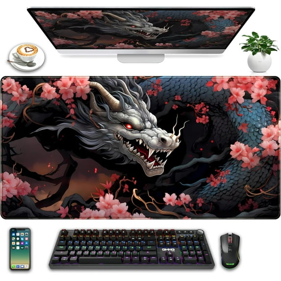 Cute Sakura Dragon Gaming Mouse Pad Kawaii XXL Large Extended Anime Desk Mat, Non-Slip Rubber Base Mousepad, Office Decor Desk Pad, Cool Keyboard and Mouse Mat with Stitched Edges, 31.5x15.75 in